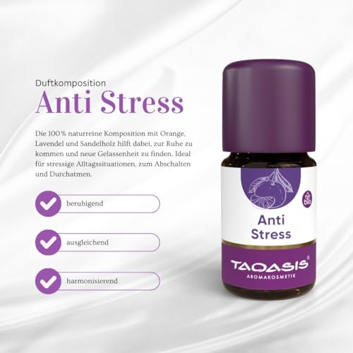 TAOASIS Duftkomposition Anti Stress 5 ml – 100 % naturreines ätherisches Öl – Bio-zertifiziert – Beruhigender Duft mit Sandelholz, Lavendel & Mandarine – Vegan – Made in Germany
