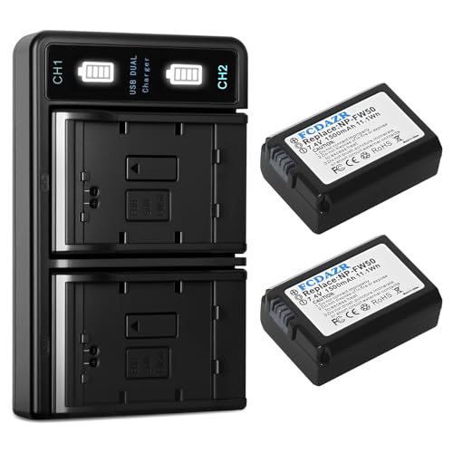 FCDAZR Batería NP-FW50 (paquete de 2) y cargador dual USB para Sony ZV-E10 A6000 A6300 A6400 A6500 A7 A7II A7RII A7SII A7S A7S2 A7R A7R2 A5100 A5000 NEX-3 Cámaras NEX-5