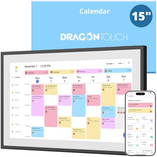 Image of Dragon Touch 15.6 inch Digital Calendar Chore Chart - 1080P Full HD Interactive Touchscreen, Smart Family Planner, Hearth Display Digital Calendar Wall & Desk Mountable for Seamless Scheduling Black