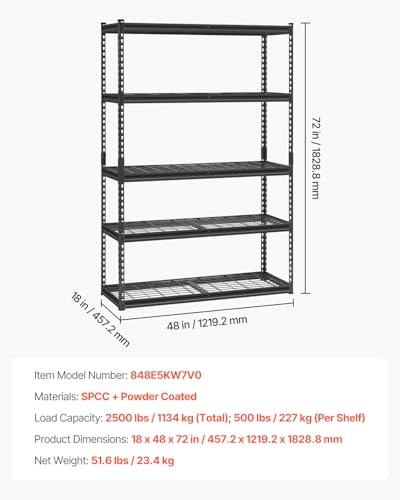Image of VEVOR Storage Shelves, 2500 lbs, 5 Tier Heavy Duty Garage Shelving, 18 inch D x 48 inch W x 72 inch H Adjustable Metal Shelves for Industrial Shelving Unit Utility Shelf, for Kitchen, Warehouse, Basement, Black