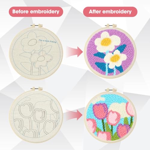 Image of AEDNX 2 Sets Punch Needle Kit Adults Beginner Flower Embroidery Kit,Hand Embroidery Kit Include Embroidery Hoops and Yarns and Needles and Instructions