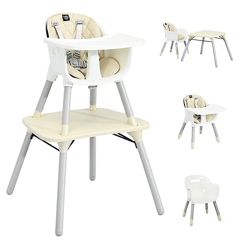 Image of BABY JOY High Chair, 5 in 1 Convertible Highchair for Babies & Toddlers | Booster Seat | Table and Chair Set | Infant Feeding Chair with Removable Tray, Safety Harness, Removable Cushion (Beige)