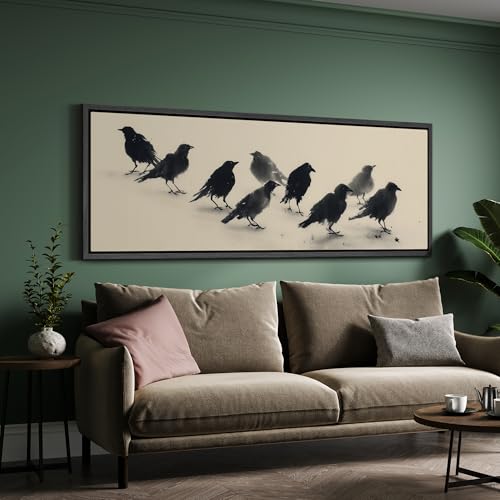 Image of MUDECOR Large Framed Canvas Print Wall Art Minimalist Black Crow Flock Ink Style Neutral Antique Retro Ready to Hang Painting for Living Room Bedroom Multi-Sizes - 60 inchx20 inch