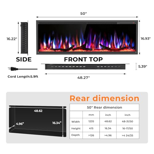 Image of R.W.FLAME 50 inch Recessed and Wall Mounted Smart Electric Fireplace, Alexa /WiFi Enabled, APP Control with Multiple Sound Modes, Adjustable Flame Colors and Speed, Available with Log & Crystal Options