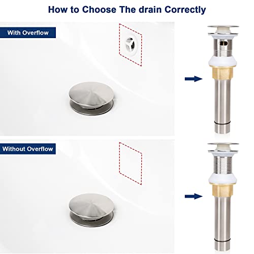 Nearmoon Bathroom Sink Drain With Overflow, 304 Stainless Steel Pop Up Drain With Detachable Strainer Basket, Anti-Clogging Hair Catcher Assembly Stopper Vessel Sink (Brushed Nickel) #TOP2