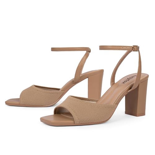 Image of Easyfox Open Toe Chunky Heel Sandals for Women Ankle Strap 3 Inch High Heels Dress Wedding Block Shoes