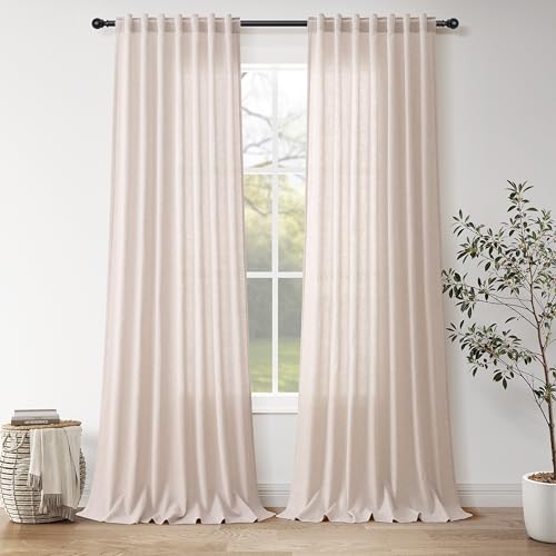 Image of Nanspring Linen Curtains 96 Inch for Living Room Back Tab Natural White