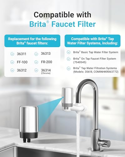 Image of AQUA CREST 7027S Faucet Water Filter, Replacement for Brita Filter, Brita 36311 On Tap Water Filtration System, FR-200, FF-100, 100 Gallons, Chrome, 2 Pack