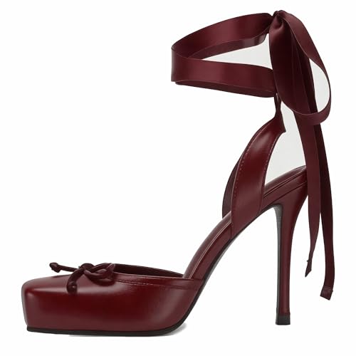Image of Riekhany Satin Ballet Heels for Women Closed Square Toe Bow Ballerina Heels Lace Up High Heel Slingback Pumps Strappy Stiletto Mary Janes Elegant Party Shoes