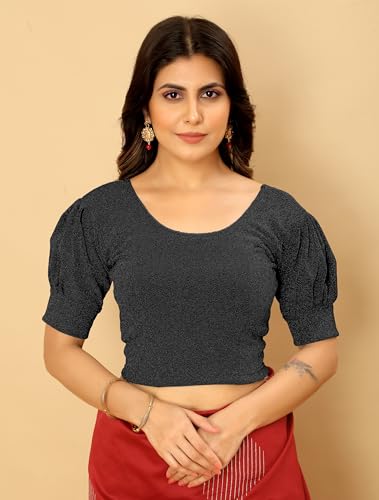 Image of Amazon Brand - Anarva Women's Readymade Shining Lycra Stretchable Round Neck Half Sleeve Blouses