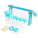 Vitog Travel Bottles Kit, TSA Approved Leak Proof Portable Toiletry Containers Set, Clear flight size PET Cosmetic Containers for Lotion, Shampoo, Cream, Soap, Set of 11 (Blue+Plastic)