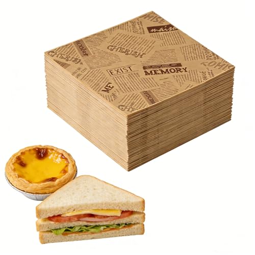 Ecanna 50-Pack 7x7 Greaseproof Sandwich Bags Double-Open Newspaper Print