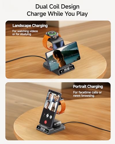Image of 3 in 1 Wireless Charger for Samsung Galaxy S26 Ultra, Galaxy Watch 8, Buds | Dimmable LED clock, Dual-angle charging stand, Case-friendly, Compact & space-saving, Multi-protection, Charging indicator