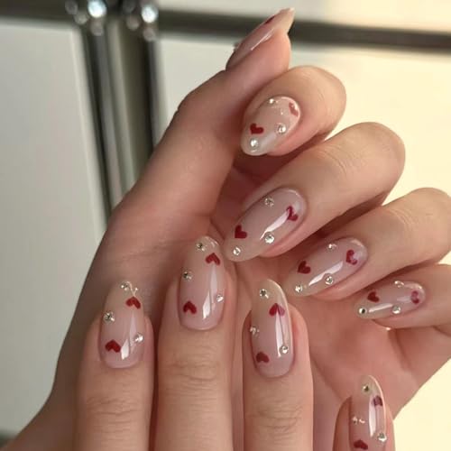 Image of Heart Press on Nails Nude Fake Nails with Design Reusable Glossy Full Cover Medium Almond Nail Press ons Rhinestone Glue on Nail for Women Manicure 24Pcs