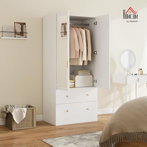 HOMCOM Armario Dormitorio 2 Puertas y 2 Cajones, Armario Ropero con Espejo, Barra para Colgar, Estilo Moderno, 80x50x180 cm, Blanco - imagen 2