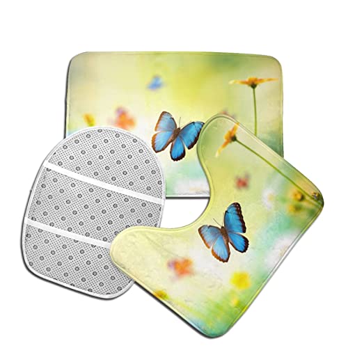 DIRYKILP Badematte + Konturmatte + Toilettendeckelbezug, schöner Schmetterling 3-teiliges Badematten-Set, mit rutschfester Klebeunterseite – Bild 5