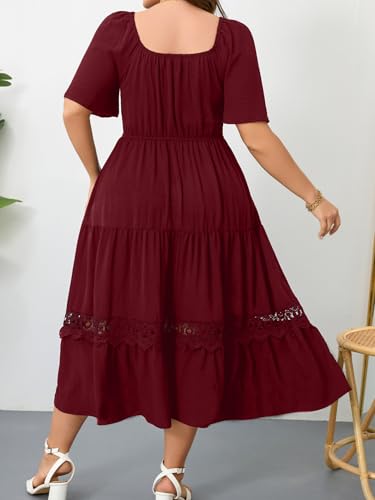 Image of RWJ Women's Plus Size Maxi Dress Short Sleeve Square Neck Flowy A-Line Lace Trim Flutter Party Casual Off Shoulder Dresses