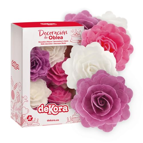 Dekora - Caja de 15 Rosas de Oblea para Decorar - Flores Comestibles para Tartas - Decoración Tarta Cumpleaños de Oblea - Colores Surtidos - 7 cm