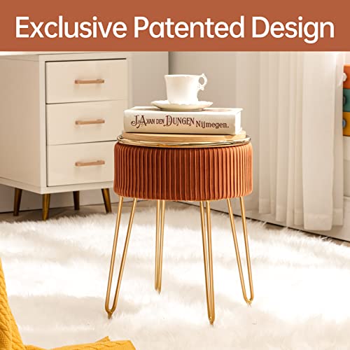 Durfii Round Storage Ottoman, Beige Velvet Vanity Stool With Metal Legs, Small Footrest Coffee Table With Round Trim, Stool For Vanity, (Pumpkin Brown) #TOP1