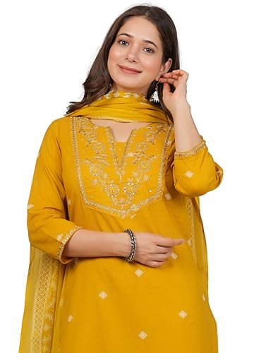 Image of Amayra Women's Pure Cotton Embroidered Straight Kurta Set with Palazzo Pants & Dupatta- Ethnic Wear