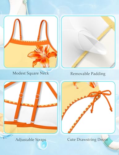 Image of BAVADER Girls Swimsuit One Piece Modest Girls Bathing Suit Solid Square Neck Ruched Adjustable Straps Padded Swimwear 9-16y