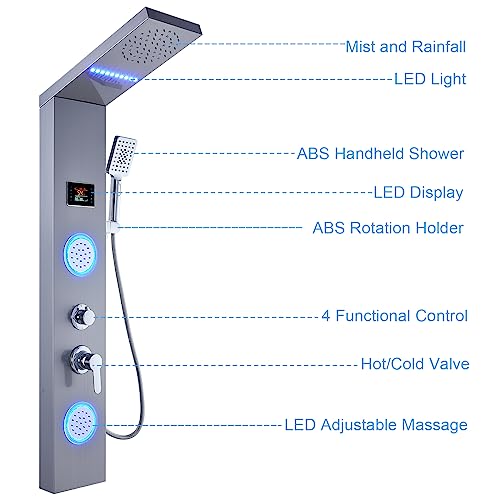 Image of ELLO&ALLO Shower Panel System Tower, LED Rainfall and Mist Head Rain Massage Stainless Steel Bathroom Fixtures with LED Body Jets, Brushed Nickel