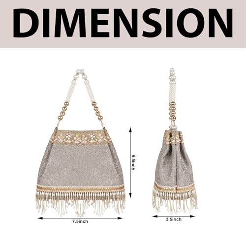 Image of Nevis PU Silk Fabric Women's Embellished Potli Bag with Pearl Handle & Fringe Detailing | Designe Wedding & Festive Handbag