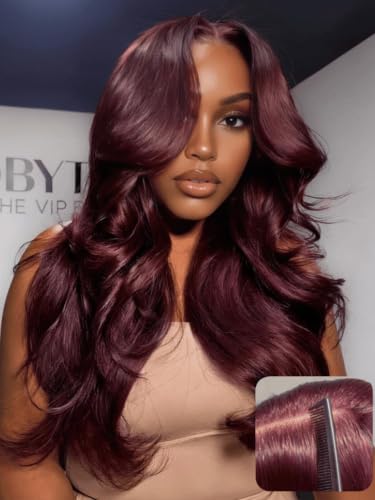 Image of KLAIYI Black Cherry Loose Body Wave Pre Eeverything 13x4 Lace Frontal Wigs Human Hair Bye Bye Knots Glueless Ready to Wear and Go Wig with Face Framing Bangs Drawstring Pre Plucked Burgundy Wig 16Inch