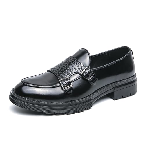 Men's Leather Platform Slip on Loafers with Dual Buckle Decor Luxury Round Toe Lug Sole Non-Slip Dress Shoes Casual Low Block Heel Business Work Office Shoes