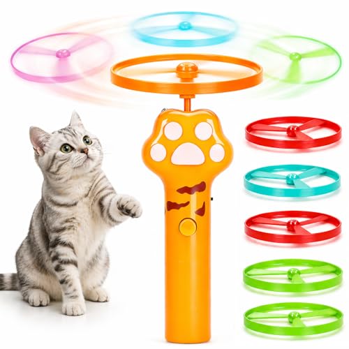 Fuzzova Cat Fetch Toy Rechargeable Flying Disc Launcher Toy with 6 Flying Discs Interactive Cat Toy for Indoor Cats Cat Chase Toy for Bored Indoor Cats Kittens & Adult Cats