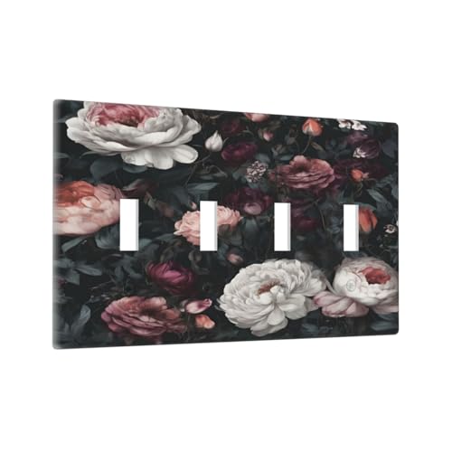 Decorative Light Switch Cover Plate Rustic Big Pink Flowers White Peony Floral 4 Gang Wall Plate Oversized Quad Toggle Switch Cover Plate Jumbo Faceplate for Home Decor