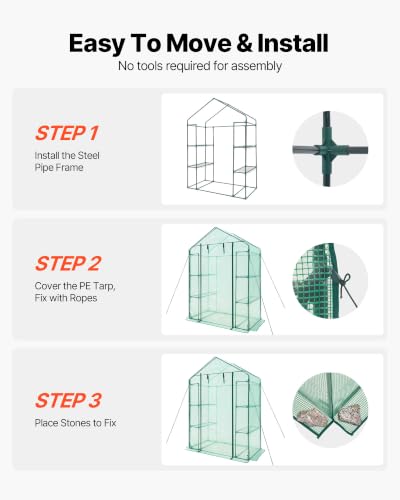 Image of VEVOR Walk-in Greenhouse, 55.5 inch x 28.3 inch x 78.7 inch Greenhouse for Outdoors with PE Cover, 2 Tiers 4 Shelves, Roll-Up Zipper Door, Walk in Green House, Portable Plant Garden Hot House for Backyard Outside