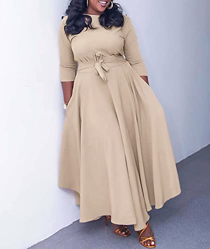 Image of SEMATOMALA Women's A Line Self Tie Waist Maxi Dress Round Neck Long Sleeve High Waist Plus Size Swing Flare Long Dresses