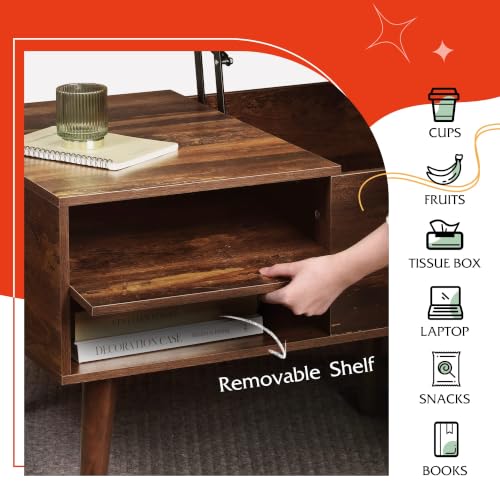 Image of WLIVE Lift Top Coffee Table with Hidden Storage, Adjustable Shelf, Brown | Mid Century Modern Wooden Coffee Table, for Dining /Living Rooms /Offices; 47.2 inchW x 21.7 inchD x 18.5 inchH