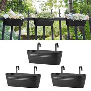 Dahey 3 Pcs Metal Hanging Flower Pots for Railing Fence Outdoor Planter 15.7 Inch Hanging Bucket Pots Countryside Window Flower Plant Holder with Detachable Hooks for Garden Yard Home Decor,Black