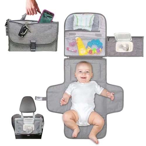 Baby Portable Diaper Changing Pad - Portable Nappy Changing Mat, Baby Diaper Changer Travel Bag with Wipes Pocket- Infant Travel Station Kit, Gift for Newborn Girl & Boy - Grey