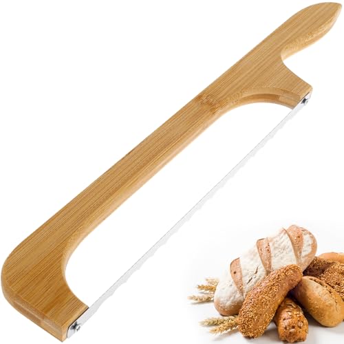 WhSunVo Bread Bow Cutter for Right or Left-Handed Use Stainless Steel Bread Cutting Tool with Wood Handle Serrated Bagel Cutter 15.7 Inches Bread Slicer for Bagels Bread Baguettes Making Tool, Wooden