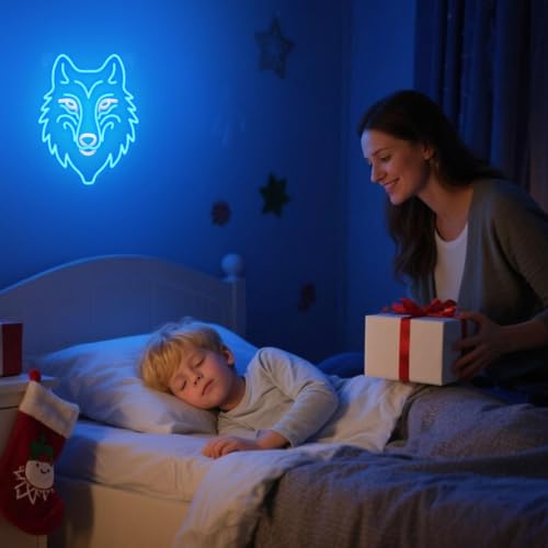Image of CoolGift Mart Wolf Neon Sign, Dimmable LED Wolf Light Animal Wall Decor, Christmas Gift Birthday Gifts for Boys Men, Bedroom Living Room Man Cave Home Decoration With USB Powered