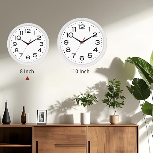 Image of Roymnie 8 Inch Small Wall Clock, Battery Operated Silent Non Ticking White | analog wall clock; bold numerals for easy reading; silent non-ticking; 1 AA battery (not included); for classroom