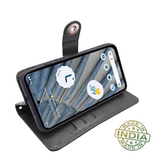 Image of Pikkme Google Pixel 7A Flip Cover Leather Finish | Inside TPU with Card Pockets | Wallet Stand and Shock Proof | Complete Protection Button Flip Case (Black)