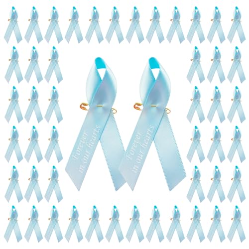 CRAFFANCY 100 PCS Pcs Baby Blue Ribbon Pins, Colon Cancer Awareness Prostate Cancer Brooches Printing Memorial Ribbon Badges for Bereavement Remembrance,2.95 * 1.57in
