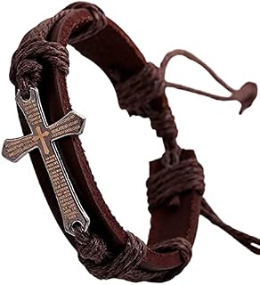 Branets Mens Leather Bracelet Bible Text Cross Bracelet Adjustable Wristband Brithday Gift for Men and Boys(Brown)