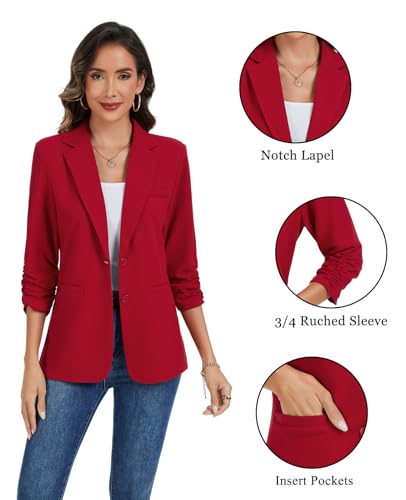 MINTLIMIT Women Notched Collar Work Office Blazer Ruched 3/4 Sleeve Pad Shoulder Lightweight Stretch Jacket with Pockets3