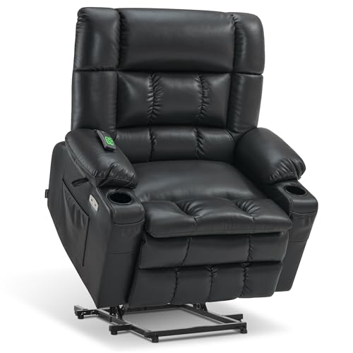 MCombo Dual Motor Power Lift Recliner Chair for Elderly, Lay Flat Lift Chair with Heat and Massage, Petite Wide Lift Chair, Cup Holders, USB A&C Ports, Faux Leather R7894 (Black, Small-Wide)