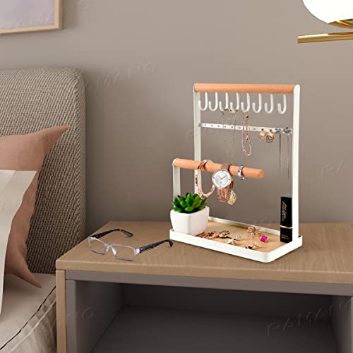 Pamano Jewelry Organizer Necklace Stand Holder, 4-Tier Hanging Wooden Ring Earring Tray, 8 Hooks Necklaces Storage 12 Earring Holes, Bracelets, Rings & Watches Display On Desk Tabletop - White #TOP3
