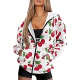 Pzuqiu Cherry - Sudaderas con capucha y cremallera para mujer, chaquetas de otoño con bolsillos, cremallera completa, manga larga, sudadera con capucha para otoño 2025