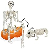 NEROSUN 5.4FT Halloween Skeletons Decoration, Posable Life Full Size Skeleton with Dog Skeleton, Realistic Plastic Human Bones for Halloween Props Haunted House Graveyard Party Decor