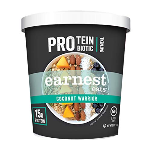 Earnest Eats PRO Protein + Probiotic Superfood Oatmeal Gluten Free 2.5oz Cup 12Pack 15g Protein per Serving, Coconut Warrior, 30 Ounce