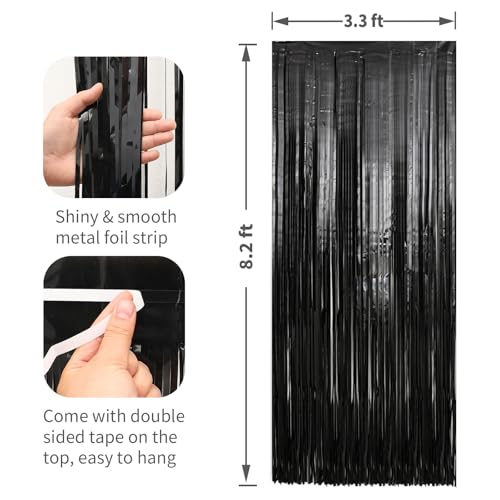 Image of 4 Pack Black Foil Fringe Curtains Door Streamers Party Decorations 3.3 x 8.2 ft, Tinsel Curtain Fringe Backdrop for Parties, Door Fringe Birthday Streamers, Photo Booth Backdrops, Party Decor