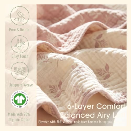 Image of Ultra Soft Muslin Baby Blanket - Made with Organic Cotton, Earthy Botanicals Jacquard Swaddle & Crib Quilt, 43x43 (Dusty Pink Floral)